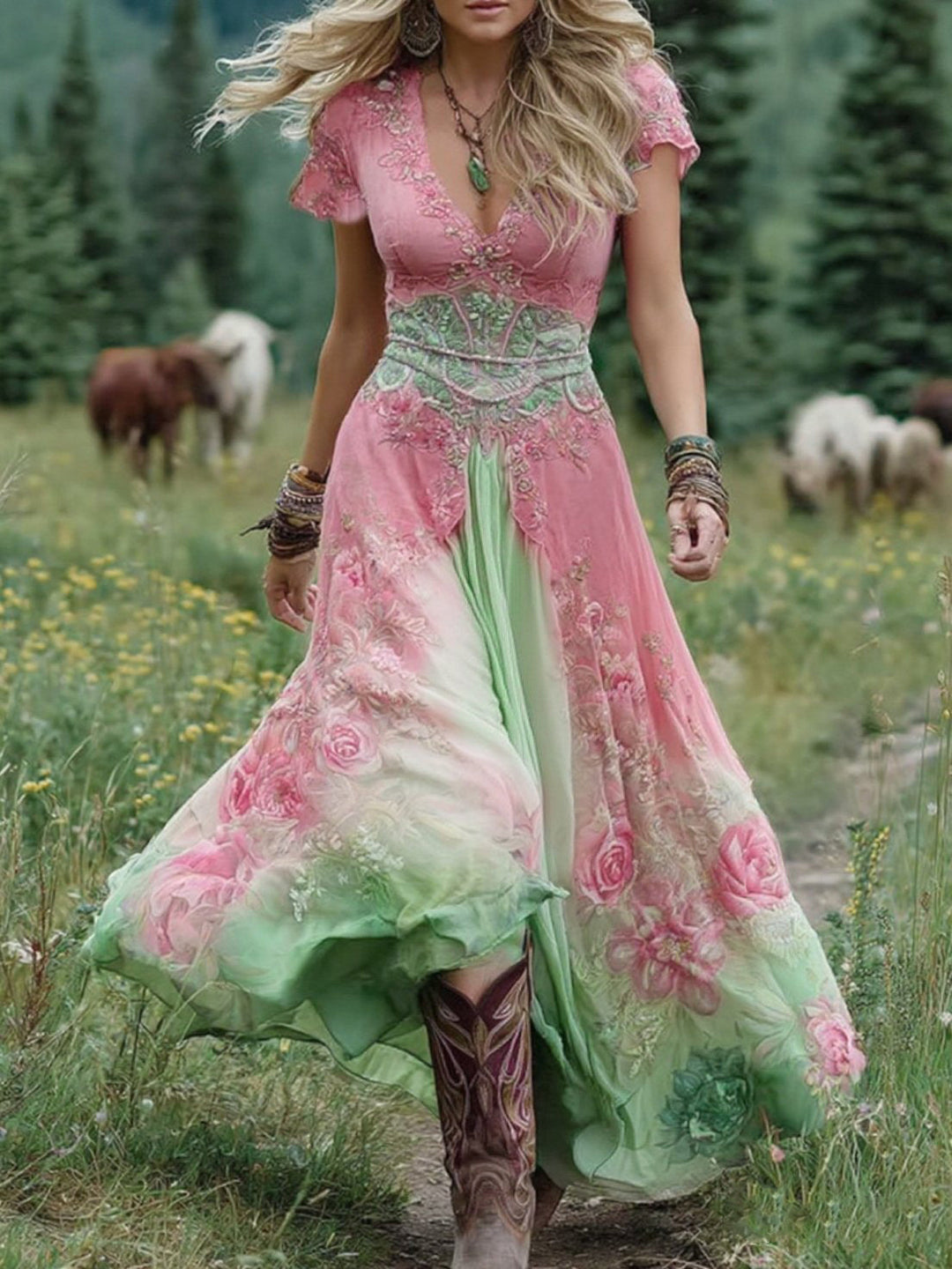 Aurelia Blumen Maxikleid mit V-Ausschnitt foto 4