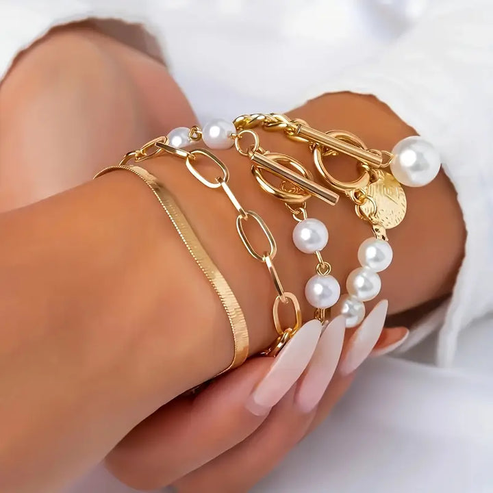 Elegantes 4-teiliges Goldfarbenes Armband-Set – Schlange, und Glieder