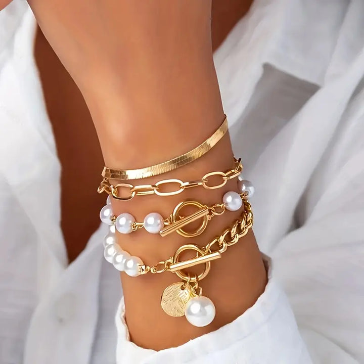 Elegantes 4-teiliges Goldfarbenes Armband-Set – Schlange, und Glieder