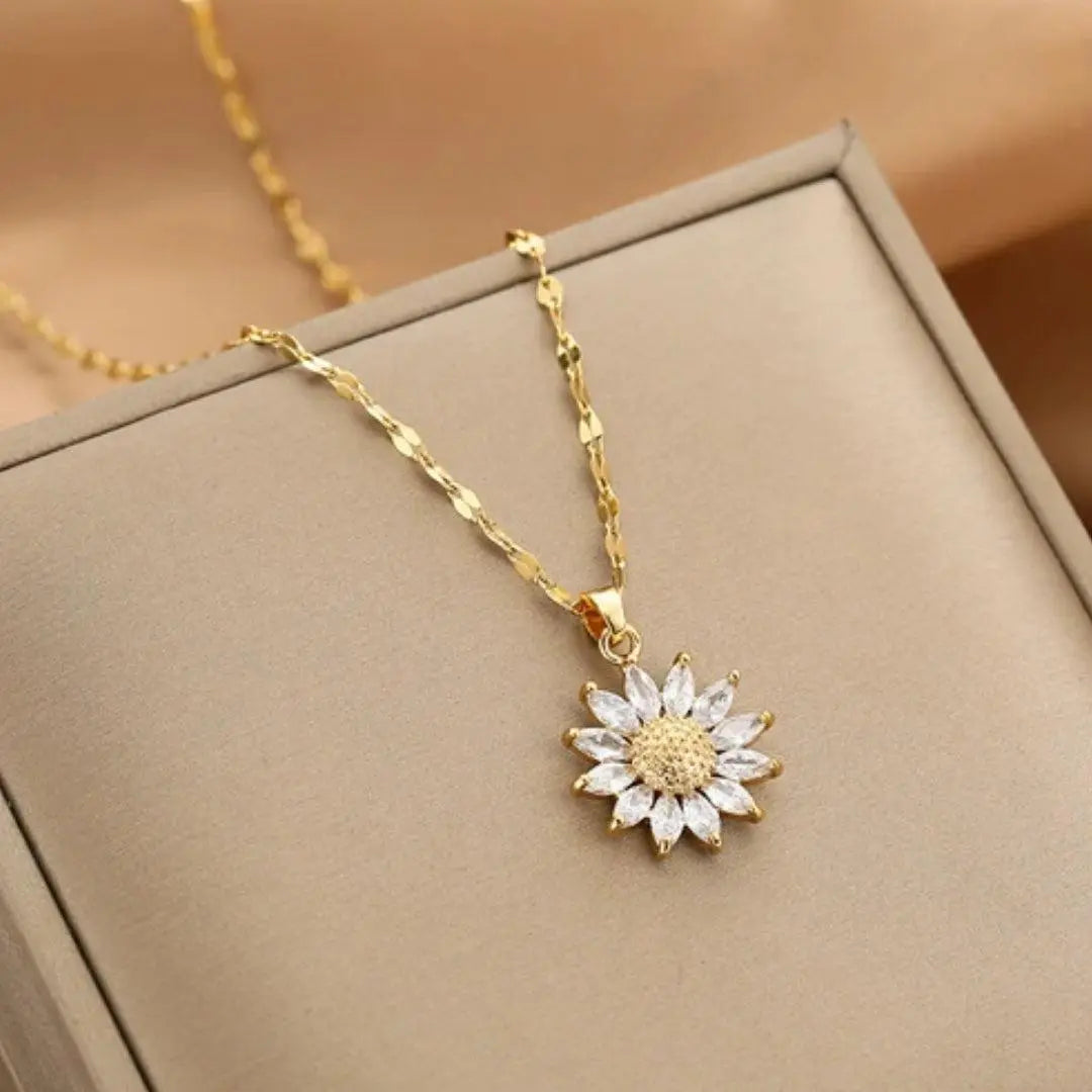 Goldfarbene Sonnenblume Kristall Anhänger Halskette