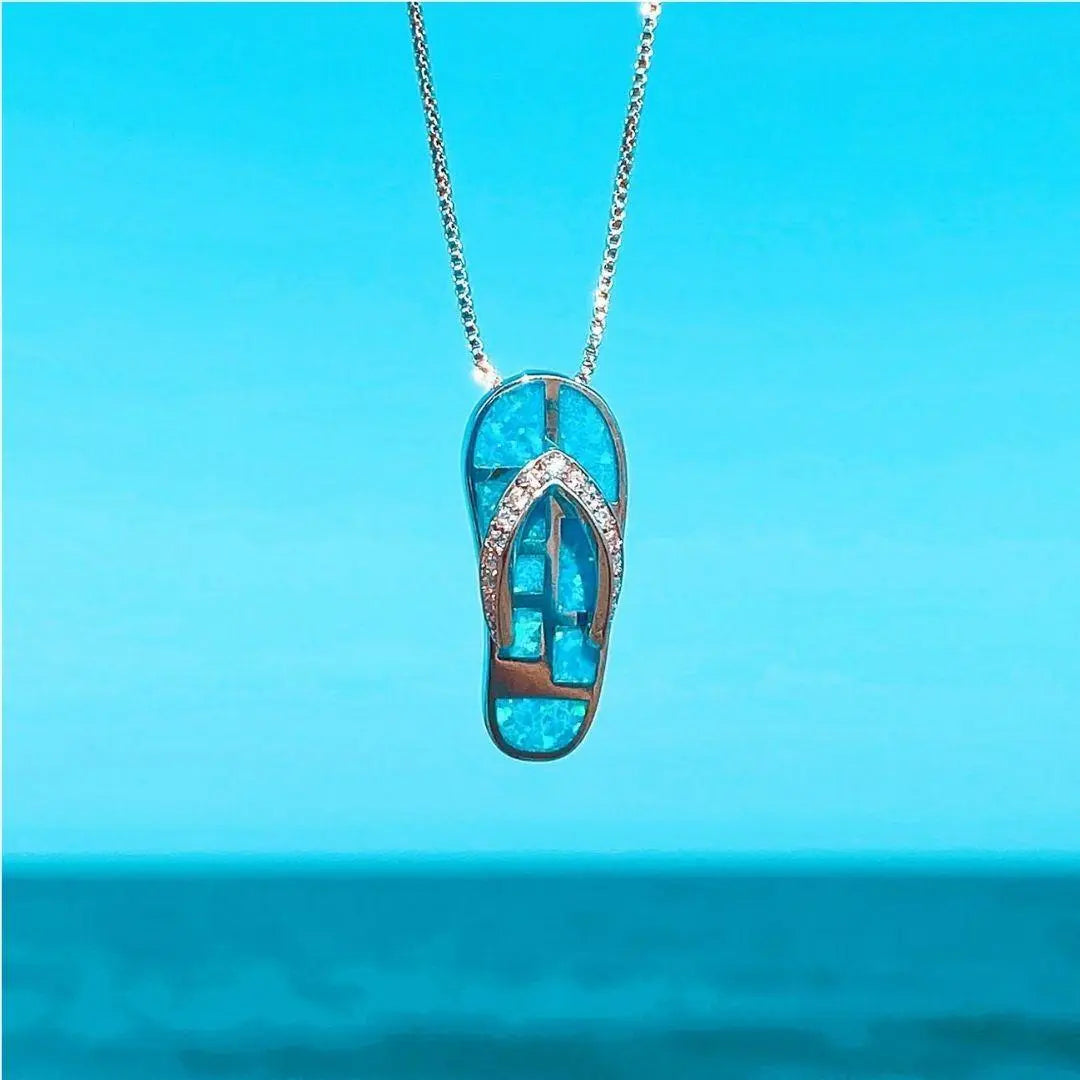 Silberfarbene Blaue Opal Flip-Flop Anhänger Halskette