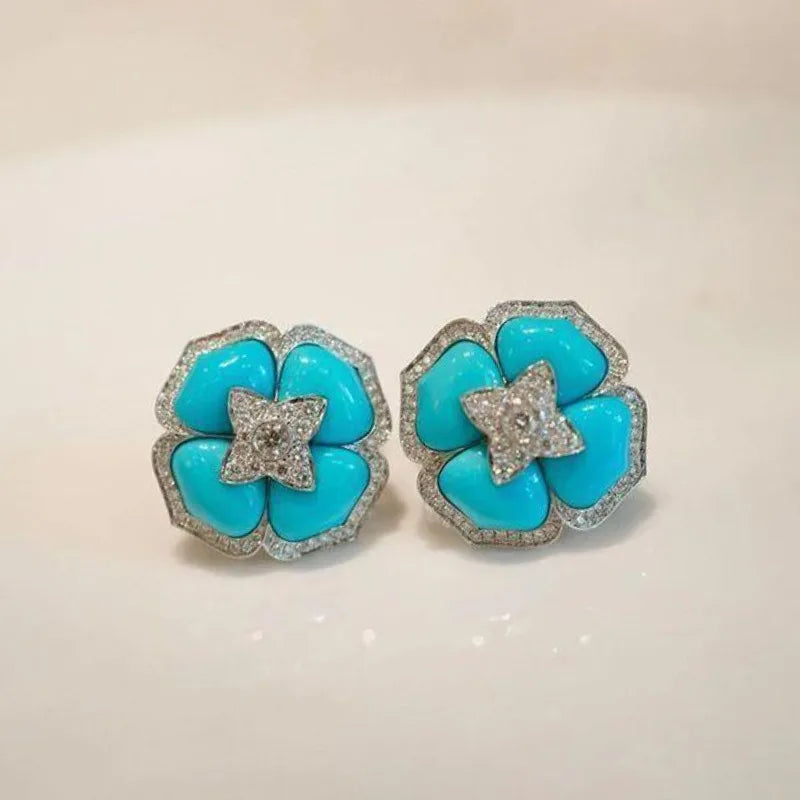 Elegante Silberfarbene Blaue Blumenohrringe