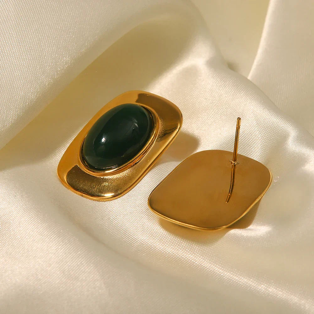 Vintage 18K Goldfarbene Grüne Opal Oval Ohrringe