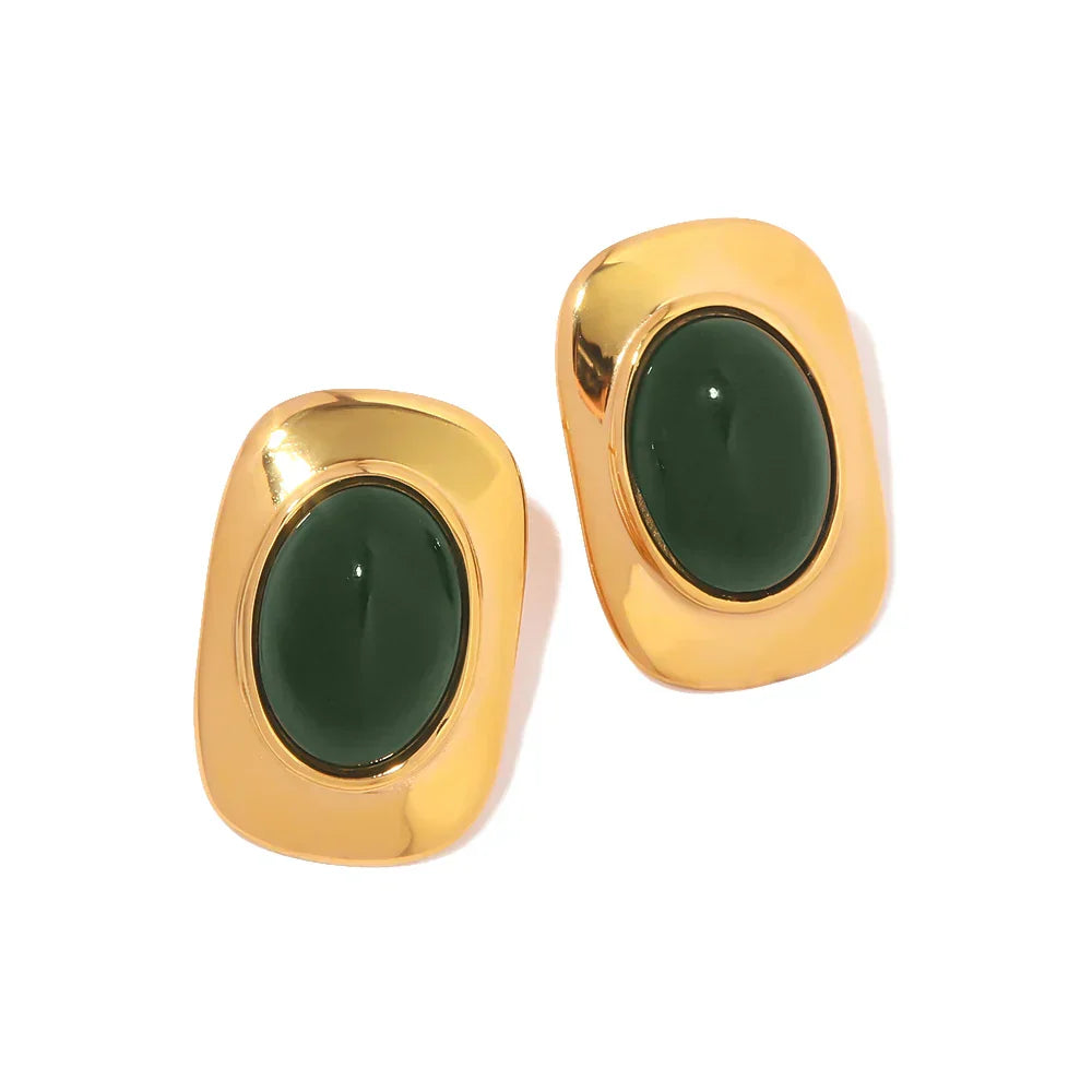Vintage 18K Goldfarbene Grüne Opal Oval Ohrringe