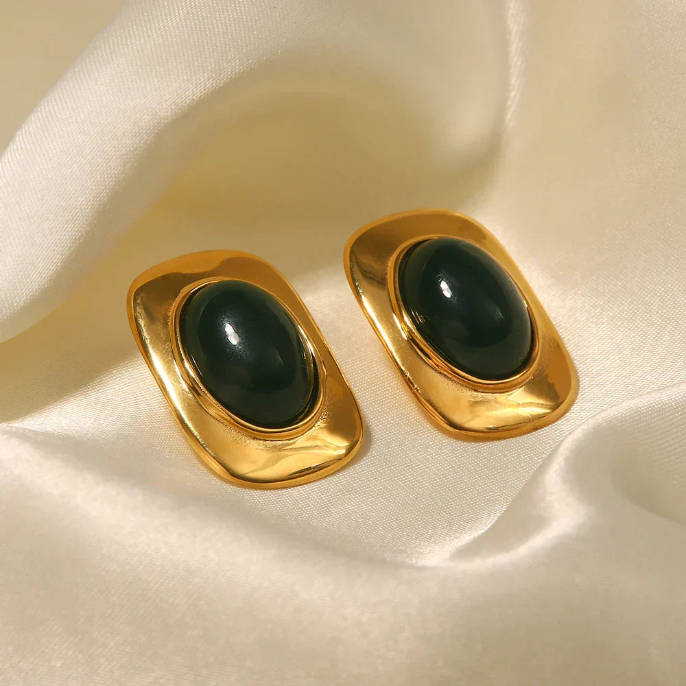 Vintage 18K Goldfarbene Grüne Opal Oval Ohrringe