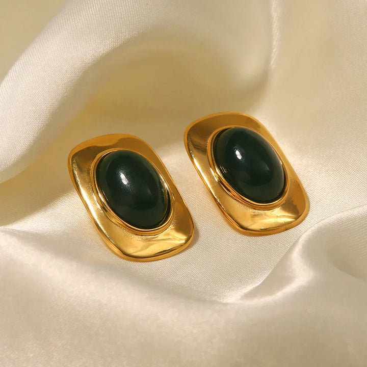 Vintage 18K Goldfarbene Grüne Opal Oval Ohrringe