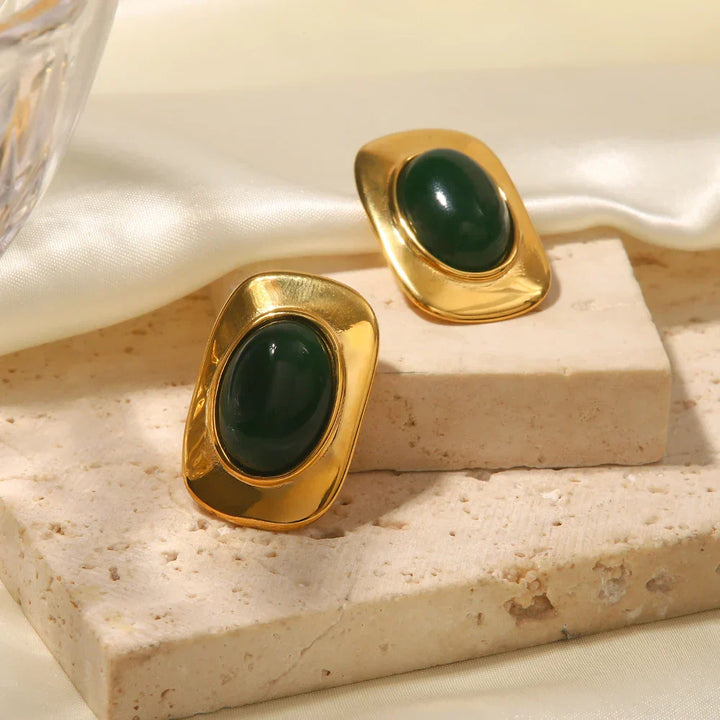 Vintage 18K Goldfarbene Grüne Opal Oval Ohrringe