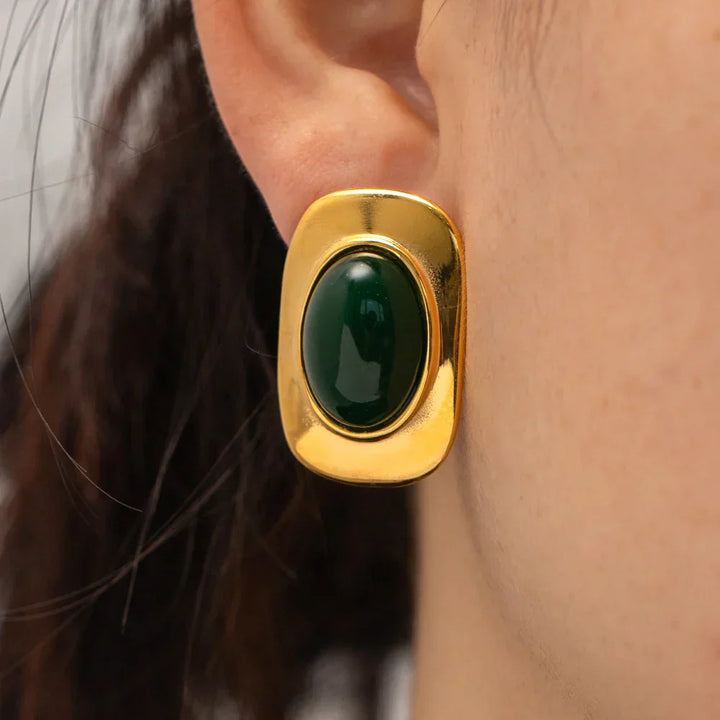 Vintage 18K Goldfarbene Grüne Opal Oval Ohrringe