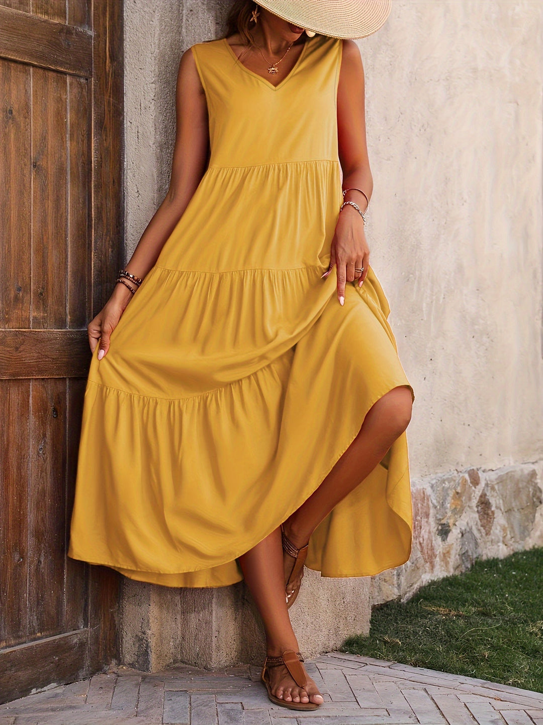 Baumwoll Maxikleid im Boho-Stil für Hochzeitsgäste in Gelb