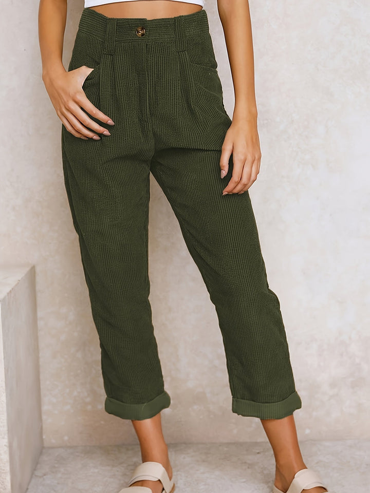 Bequeme Damen Cordhose mit hoher Taille in Dunkelgrün