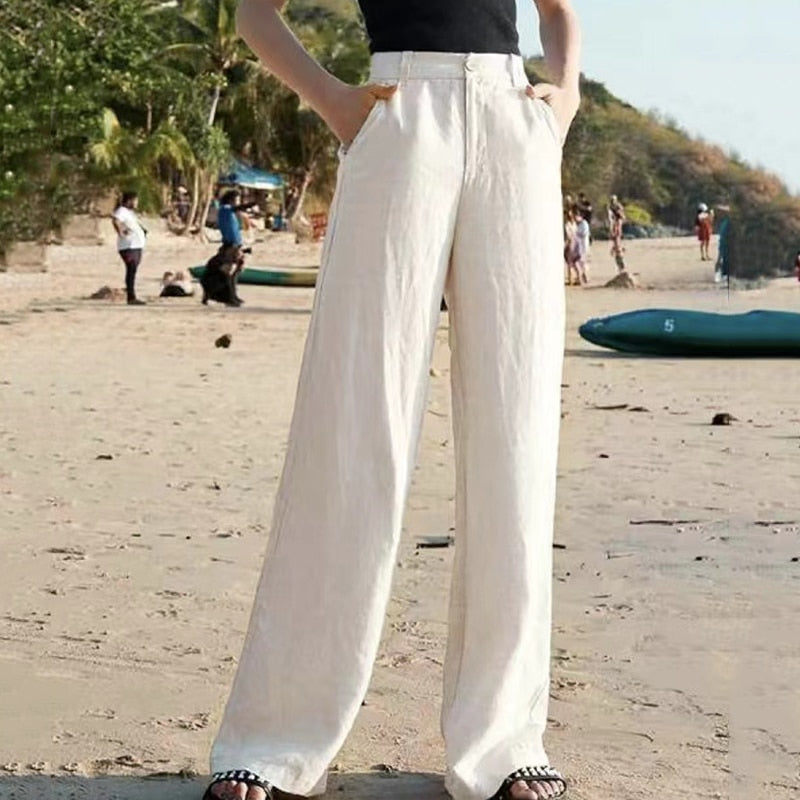 Bequeme Damen Leinenhose mit weitem Bein in Beige