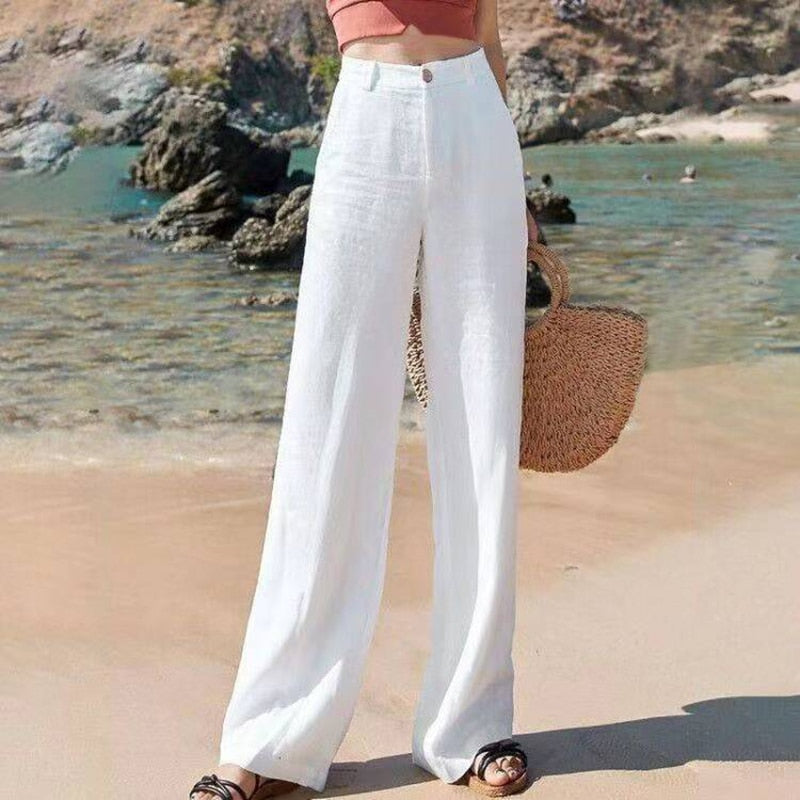 Bequeme Damen Leinenhose mit weitem Bein in Weiß