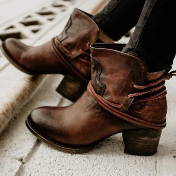 Boho Stiefeletten Damen Blockabsatz Leder in Braun