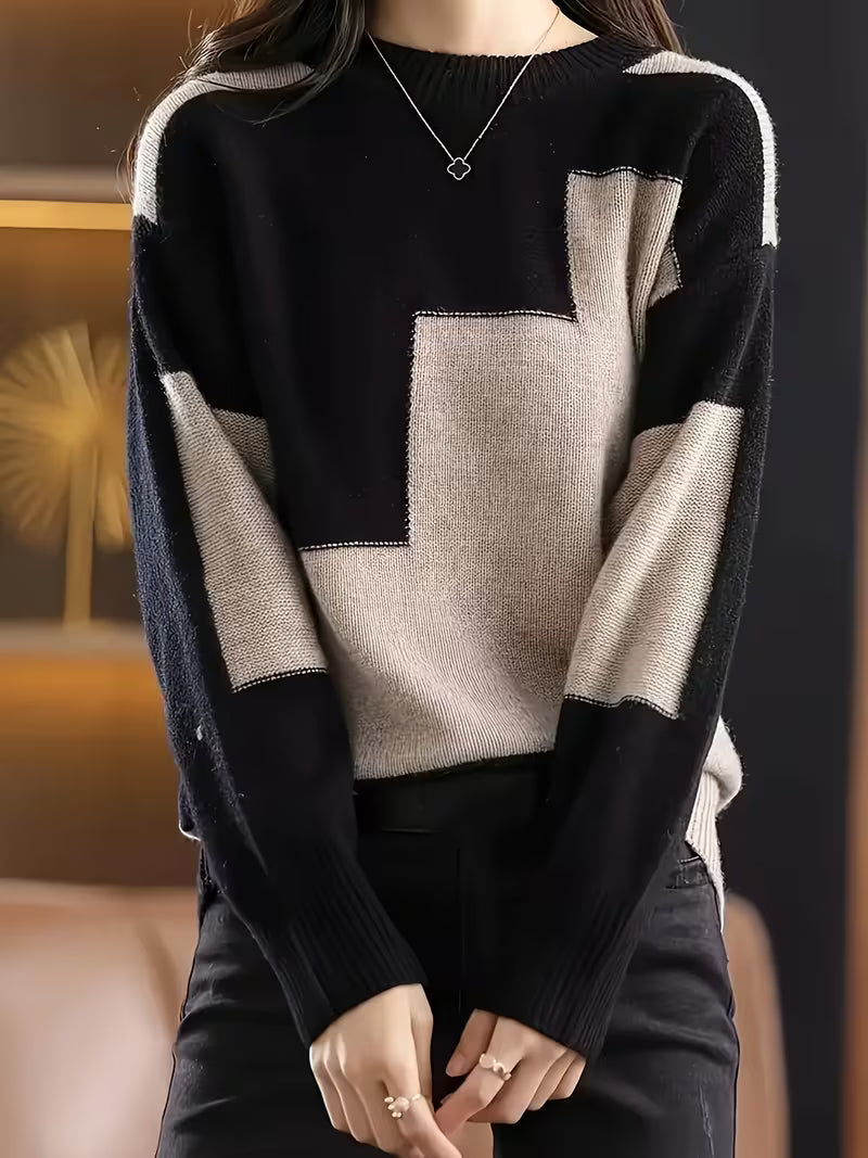 Bunte Strickjacke für Damen mit Farbblock-Design in Schwarz-Beige