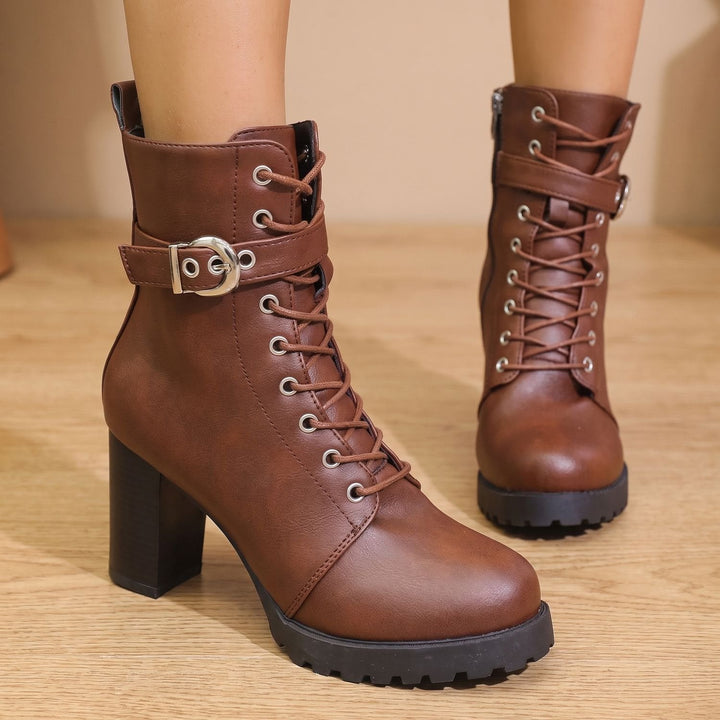 Combat-Stiefeletten Damen mit Blockabsatz für den Winter in Braun