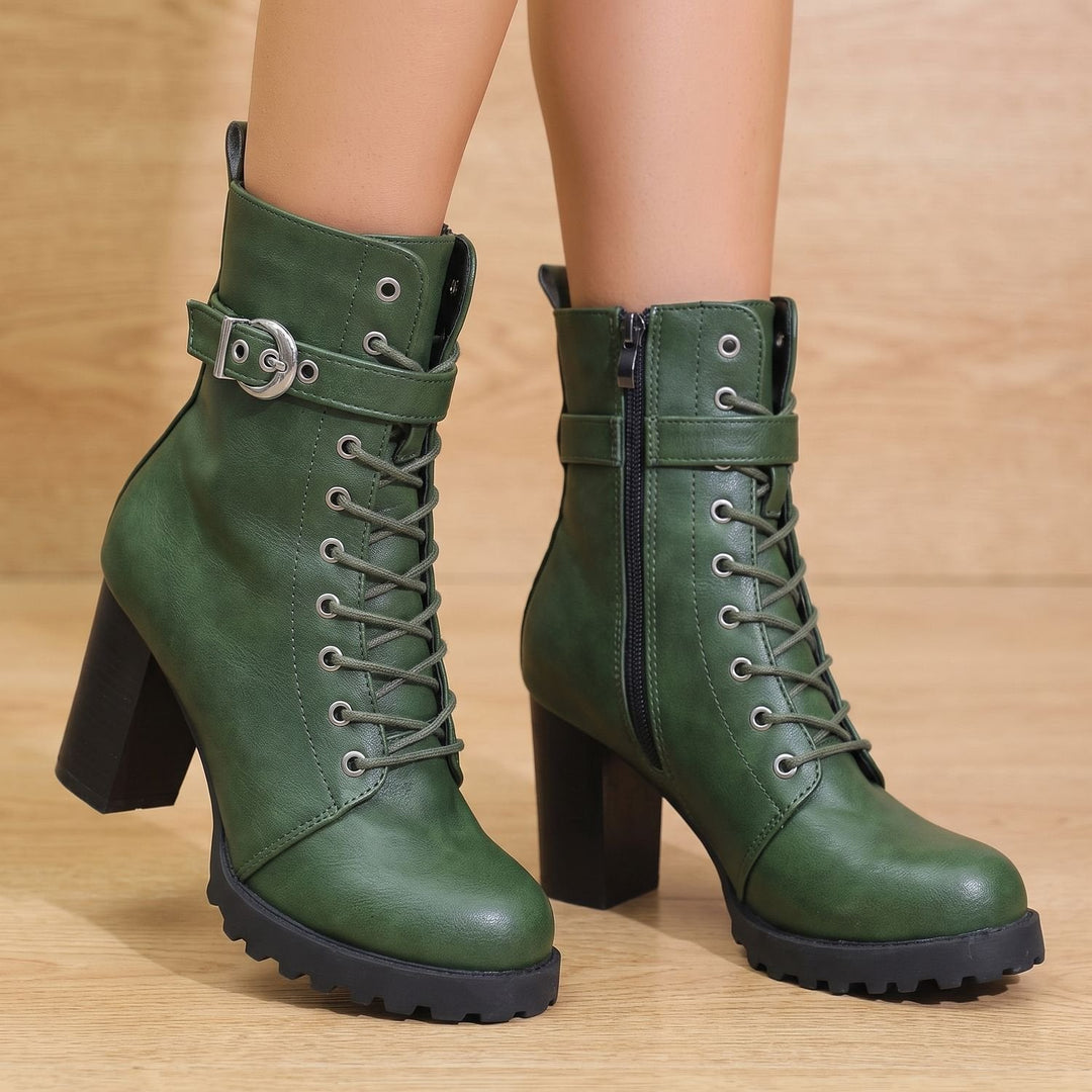 Combat-Stiefeletten Damen mit Blockabsatz für den Winter in Grün