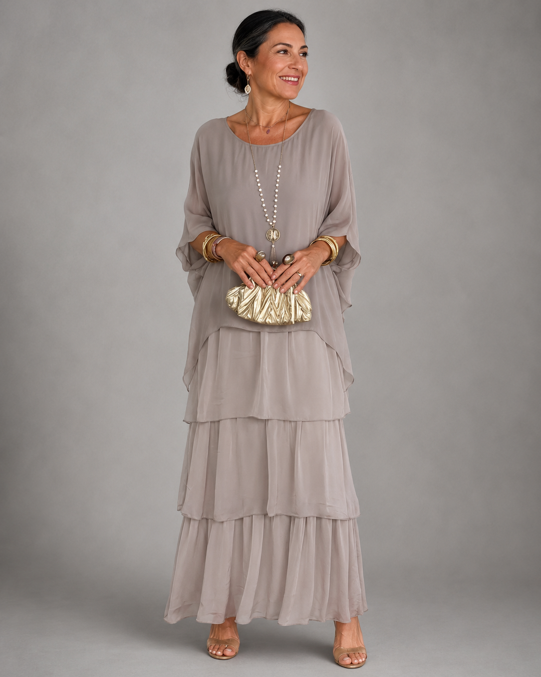 Damen Abendkleid Lang für elegante Herbstabende in Grau