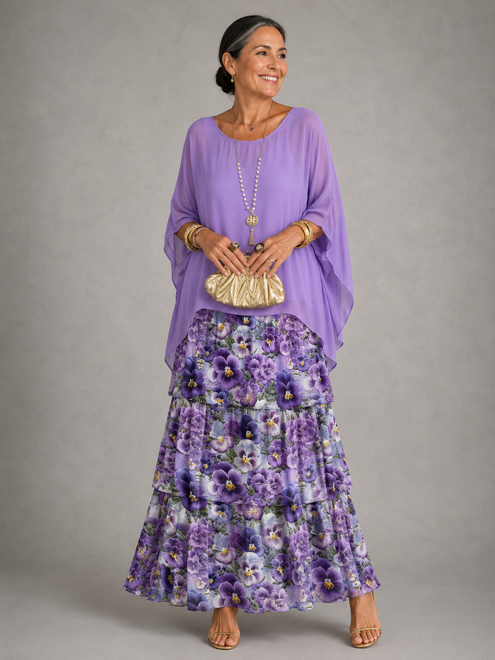 Damen Abendkleid Lang für elegante Herbstabende in Purple with Flowers