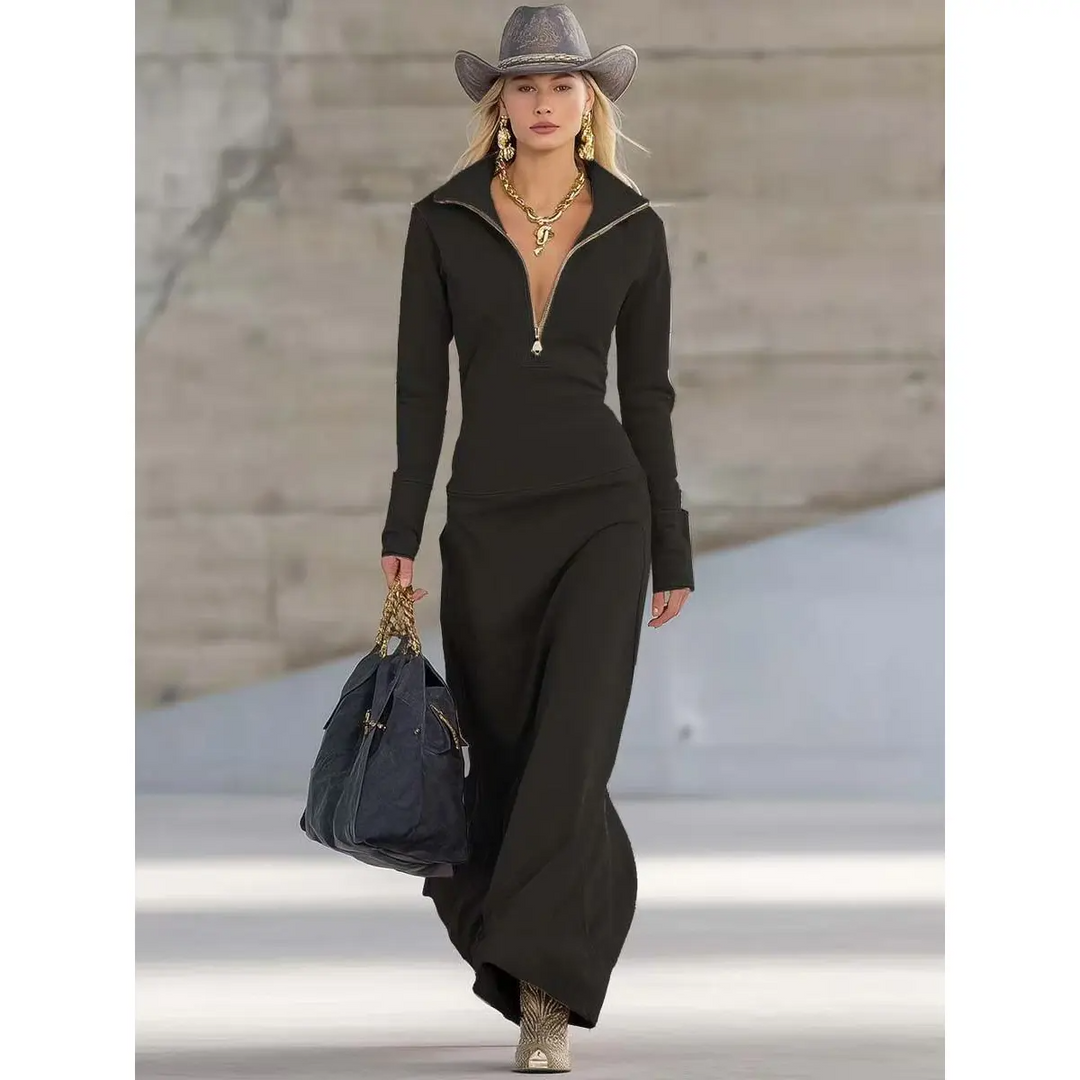 Damen Abendkleid Maxi Lässig Langarm in Schwarz