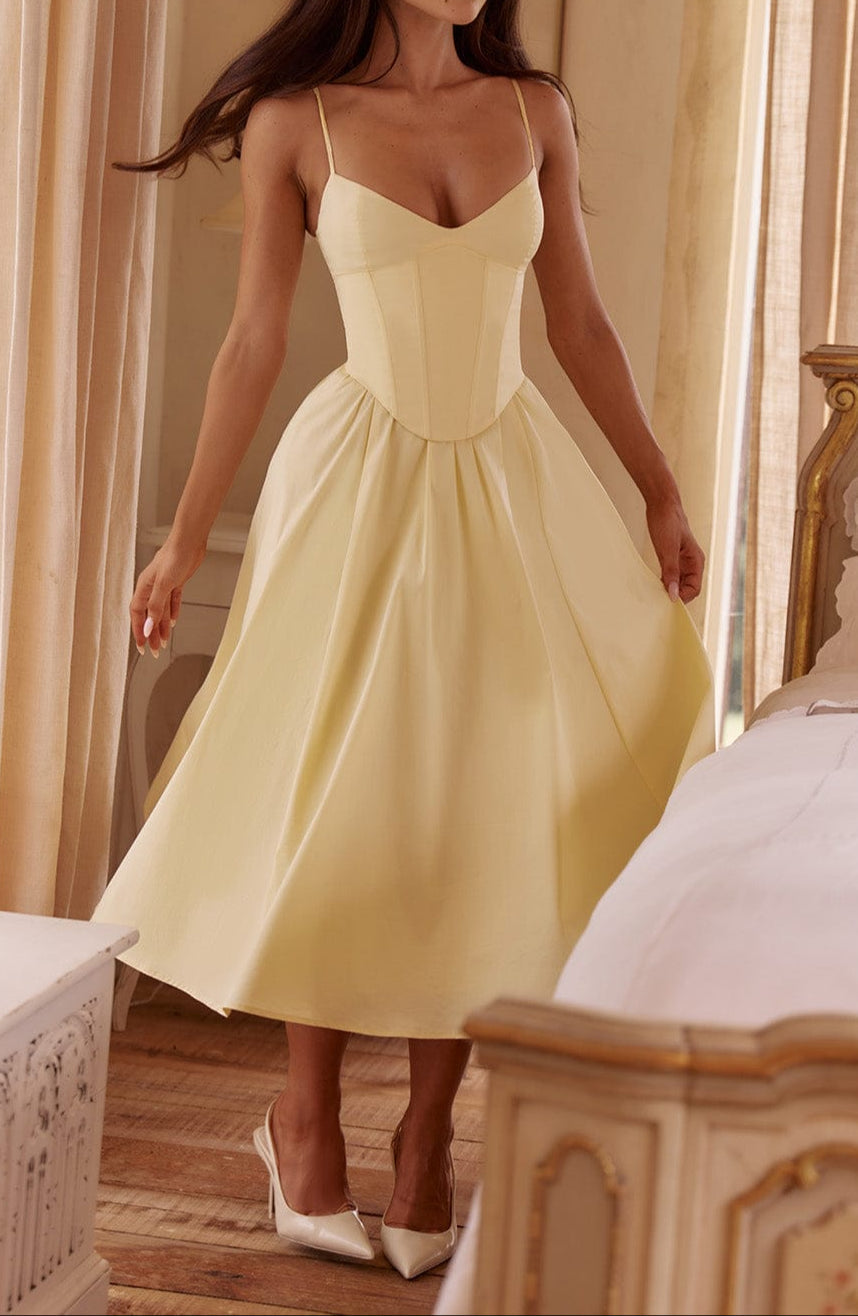 Damen Abendkleid Midi mit strukturiertem Korsett in Gelb