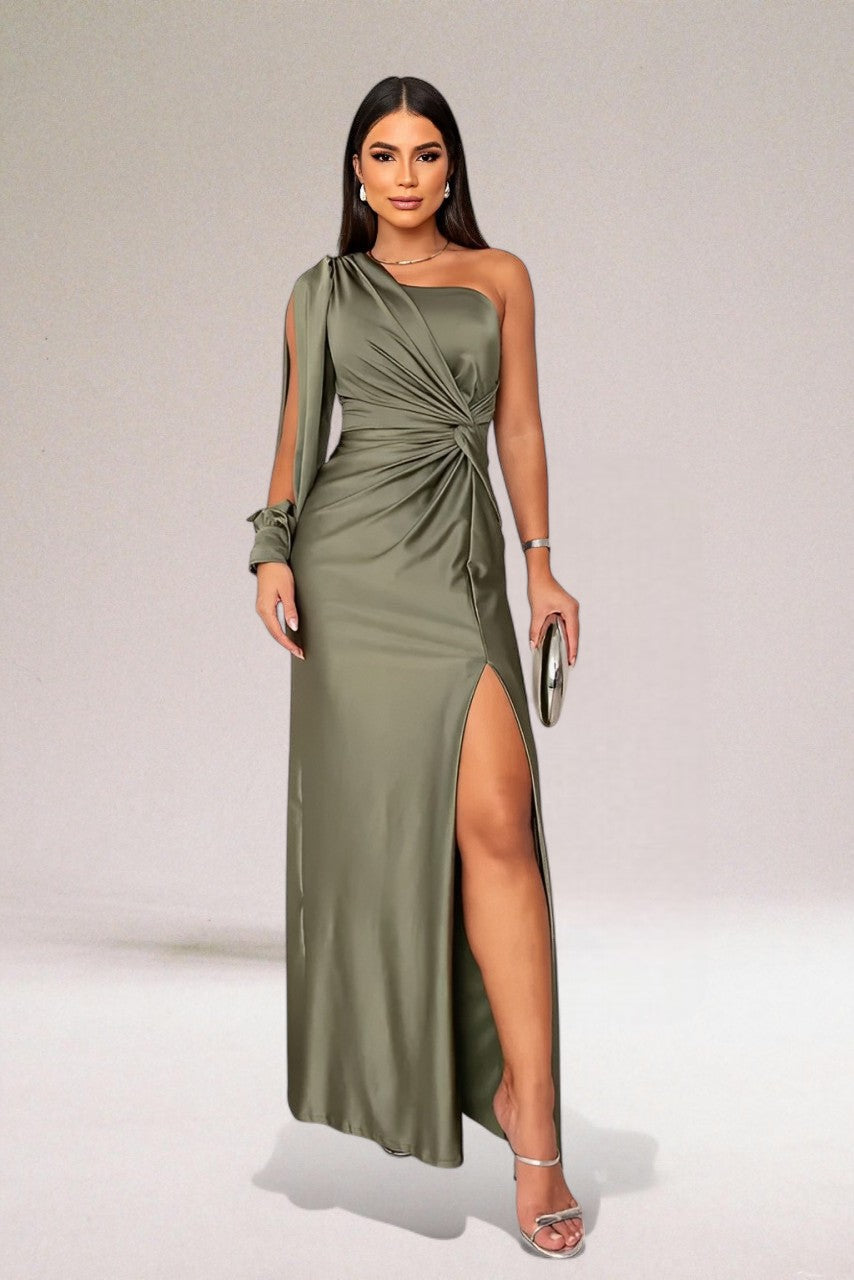 Damen Abendkleid mit asymmetrischem Ausschnitt und Seitenschlitz in Olivgrün