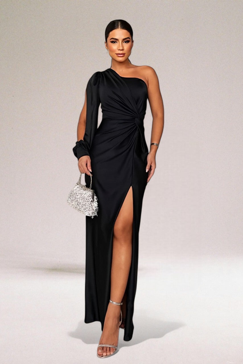 Damen Abendkleid mit asymmetrischem Ausschnitt und Seitenschlitz in Schwarz