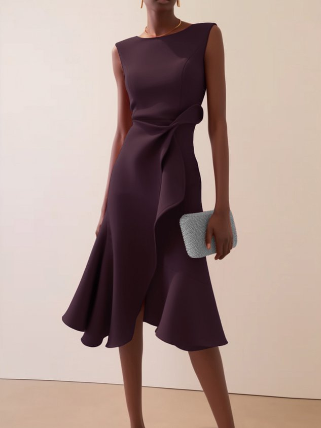 Damen Abendkleid mit Drapierung im Midischnitt in Burgunderrot