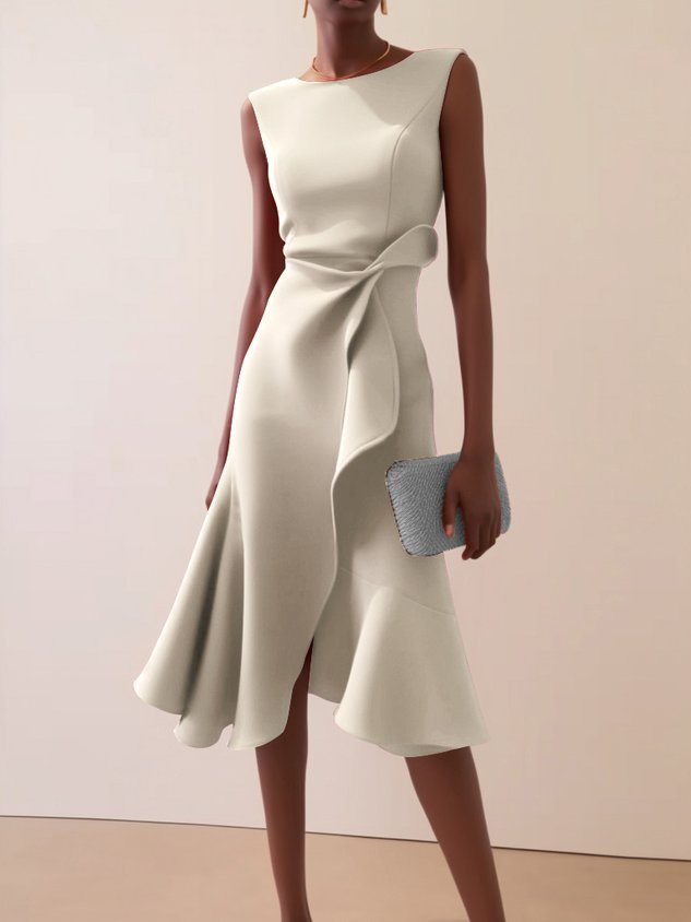 Damen Abendkleid mit Drapierung im Midischnitt in Creme