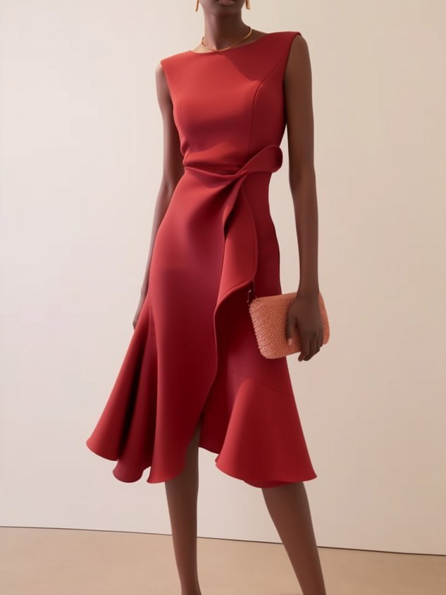 Damen Abendkleid mit Drapierung im Midischnitt in Rot