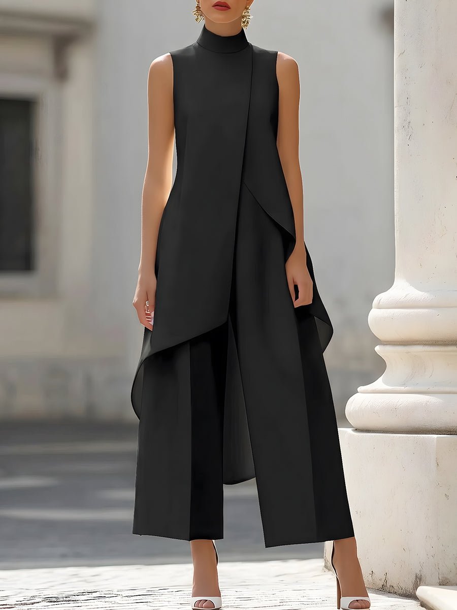 Damen Asymmetrisches Set mit Hohem Kragen in Schwarz