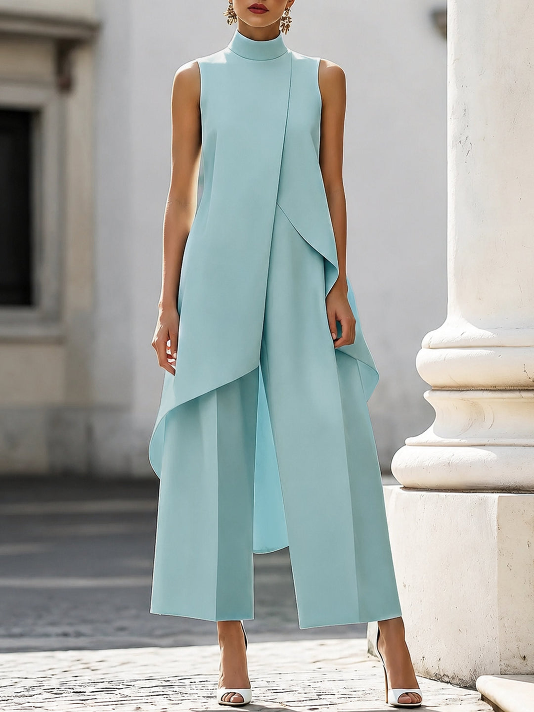 Damen Asymmetrisches Set mit Hohem Kragen in Sky Blue