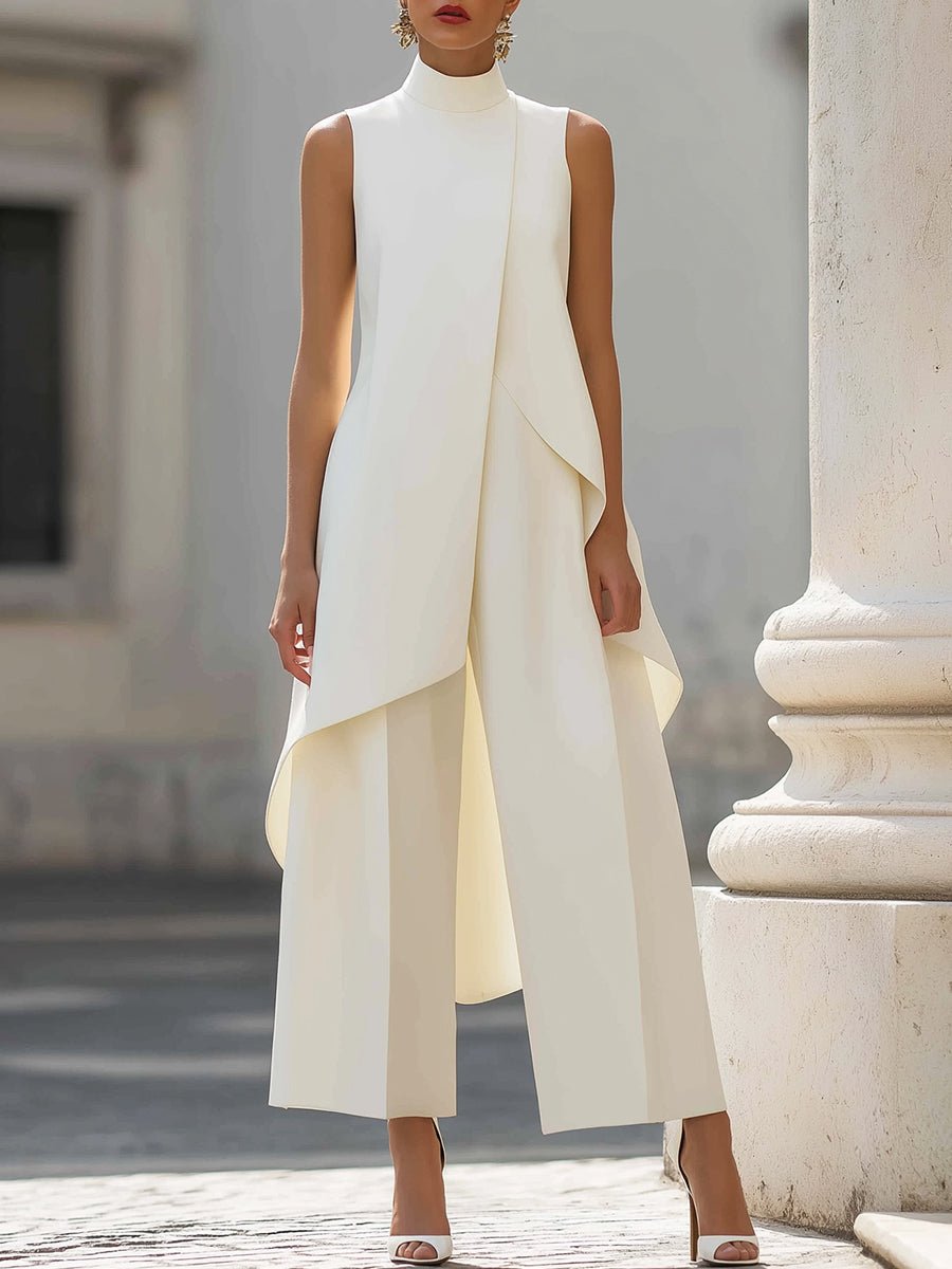 Damen Asymmetrisches Set mit Hohem Kragen in Weiß