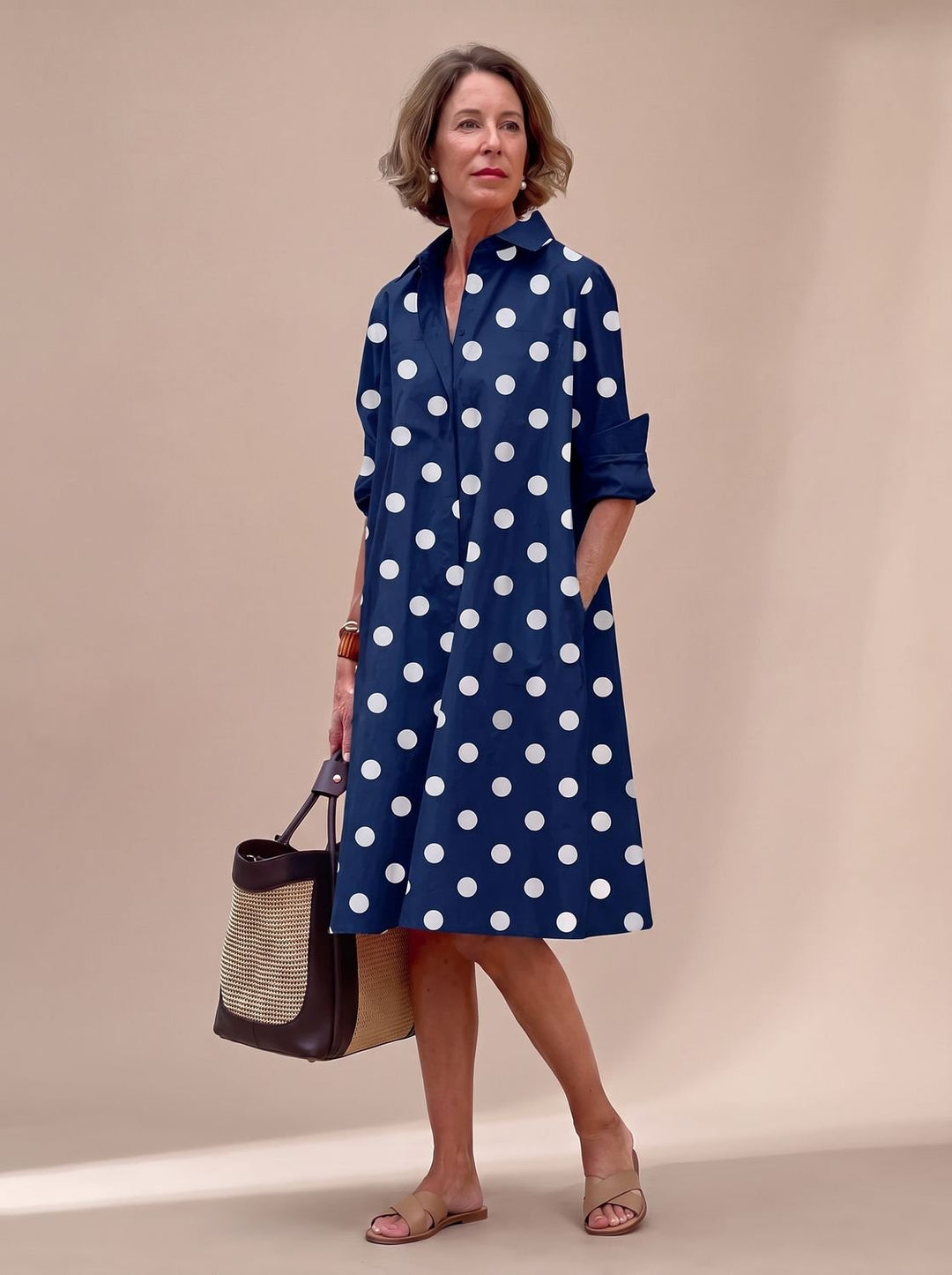 Damen Baumwoll-Bluse Midilänge mit Seitentaschen in Blau