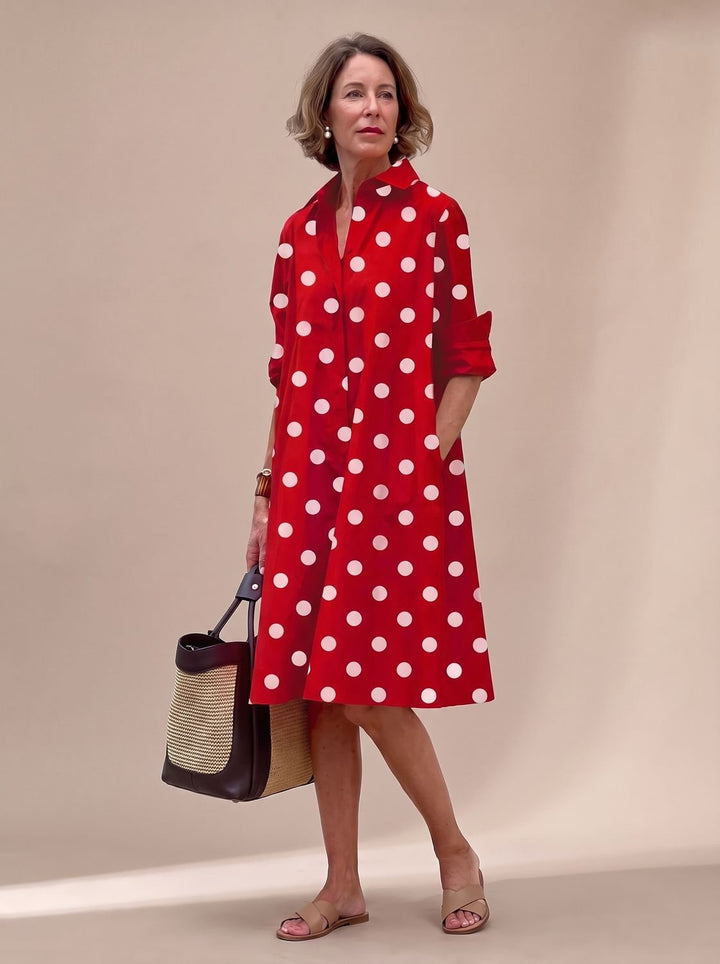 Damen Baumwoll-Bluse Midilänge mit Seitentaschen in Red/White