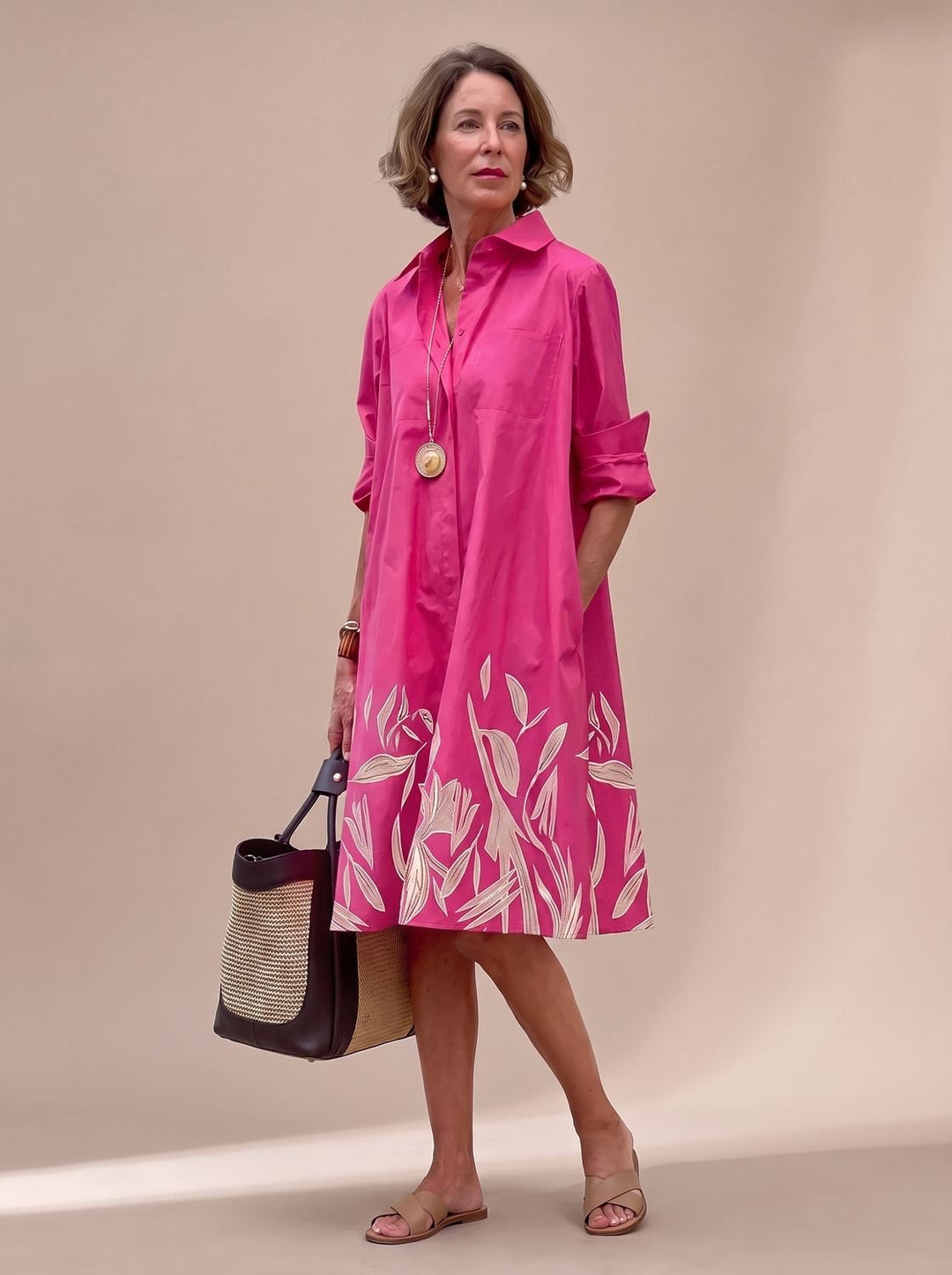Damen Baumwoll-Bluse Midilänge mit Seitentaschen in Rosa