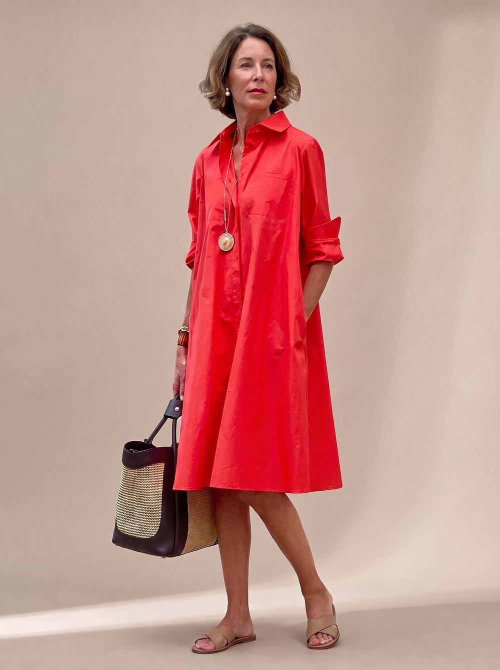 Damen Baumwoll-Bluse Midilänge mit Seitentaschen in Rot