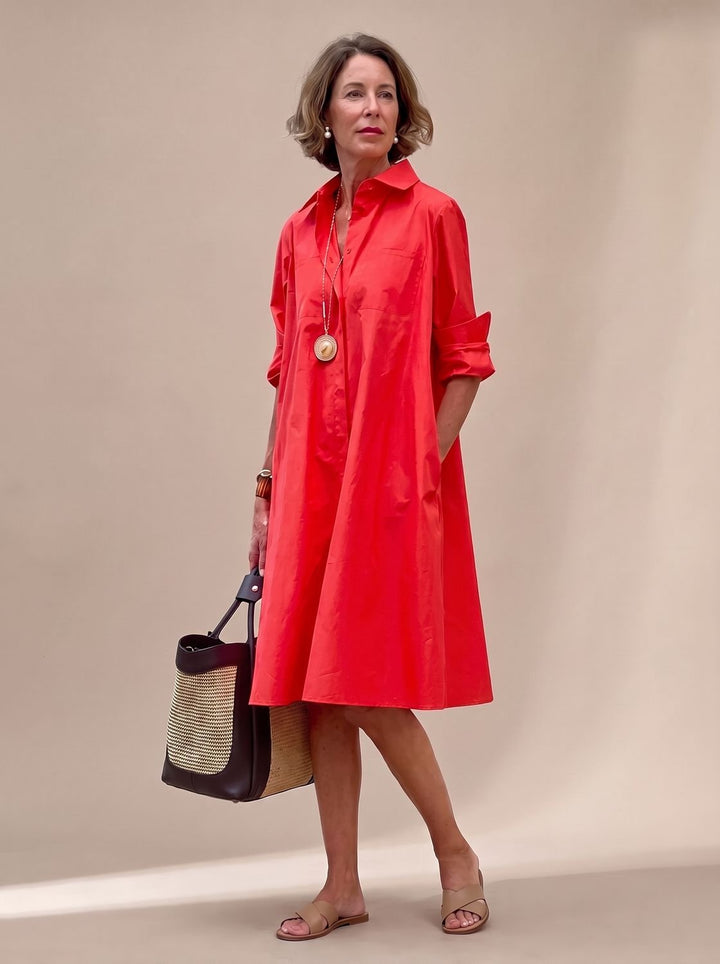 Damen Baumwoll-Bluse Midilänge mit Seitentaschen in Rot