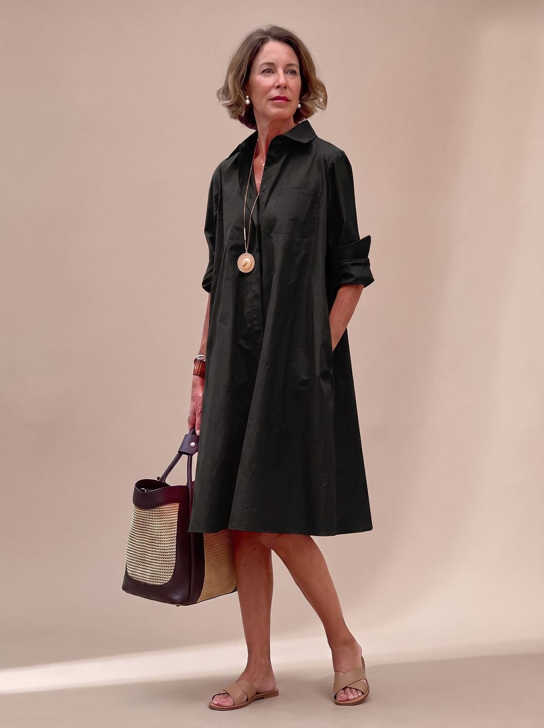 Damen Baumwoll-Bluse Midilänge mit Seitentaschen in Schwarz