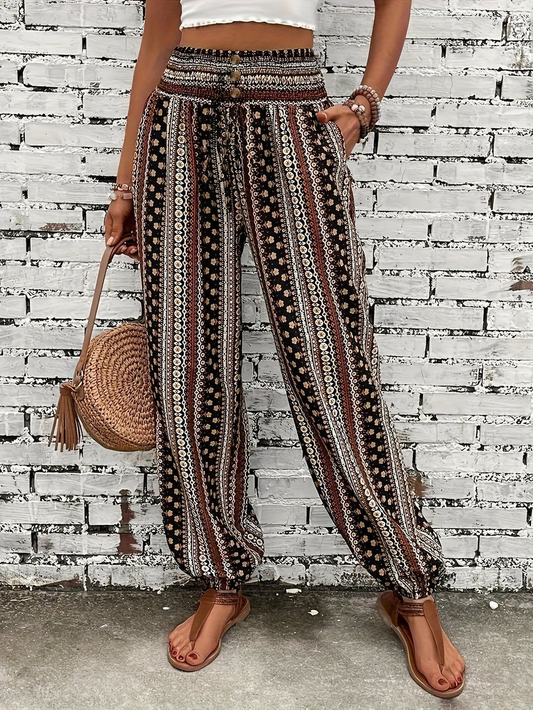 Damen Bedruckte Boho Hosen in Dunkelbraun
