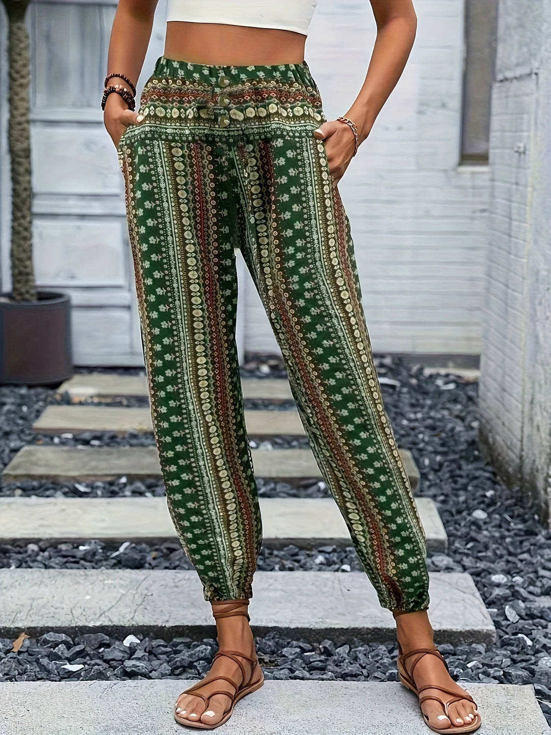Damen Bedruckte Boho Hosen in Grün