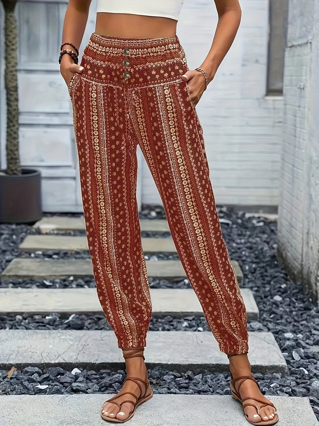 Damen Bedruckte Boho Hosen in Ziegelrot