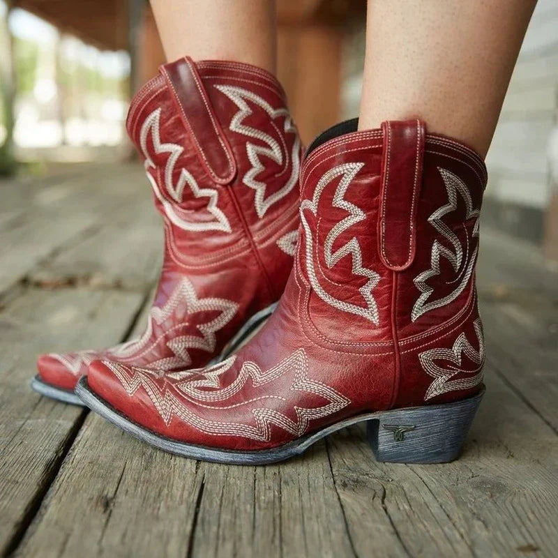 Damen Bestickte Lederstiefel in Rot
