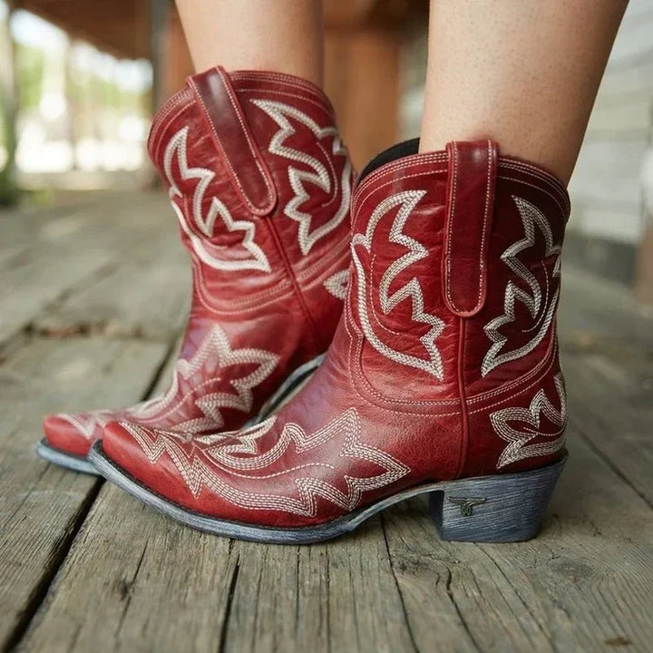 Damen Bestickte Lederstiefel in Rot