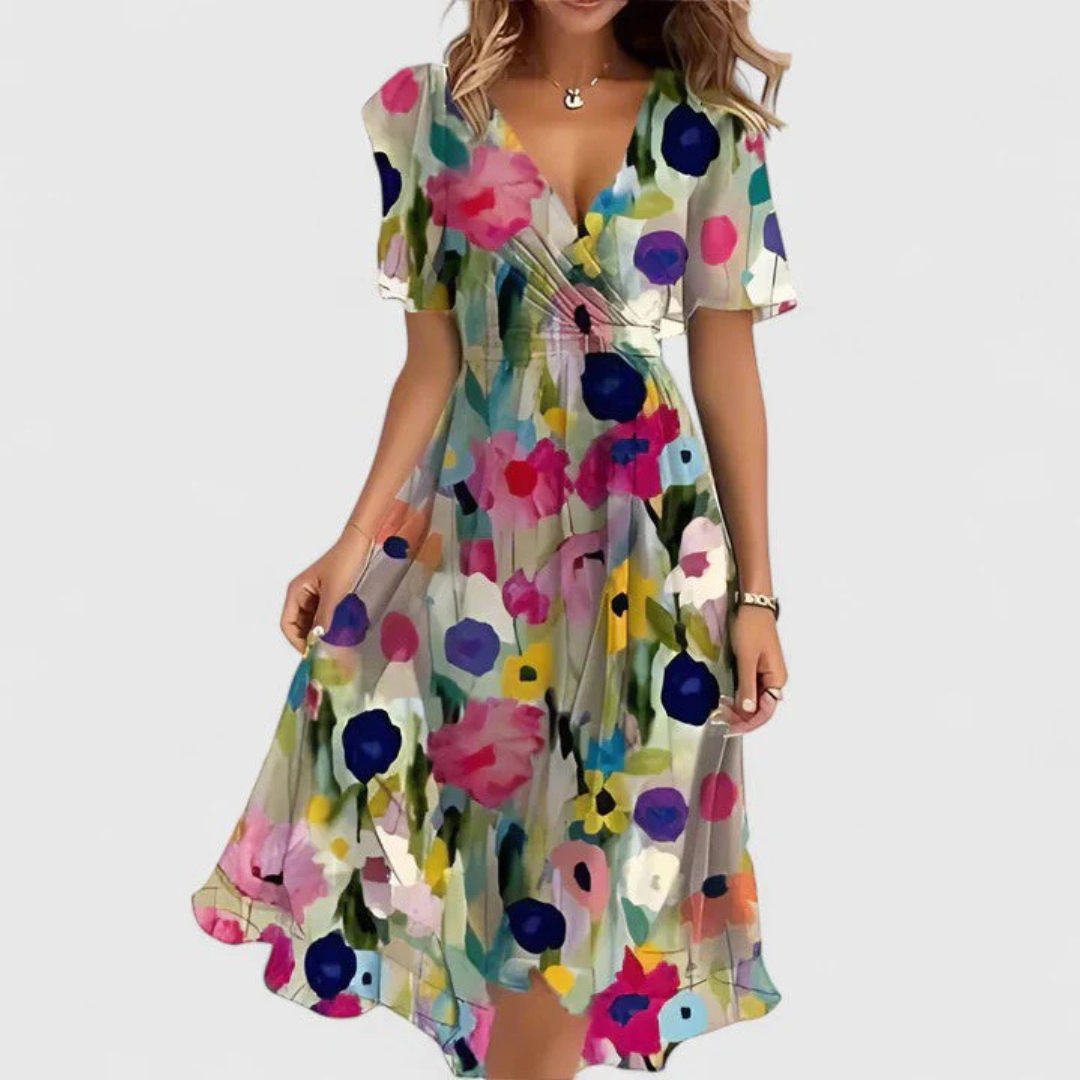 Damen Blumen Midi Sommerkleid für Hochzeitsgäste in Beige Floral
