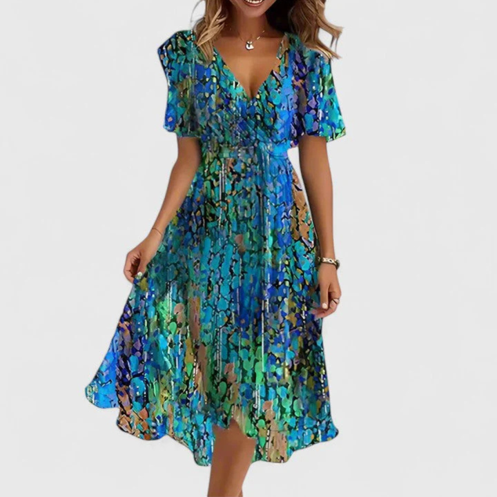 Damen Blumen Midi Sommerkleid für Hochzeitsgäste in Blau/Grün