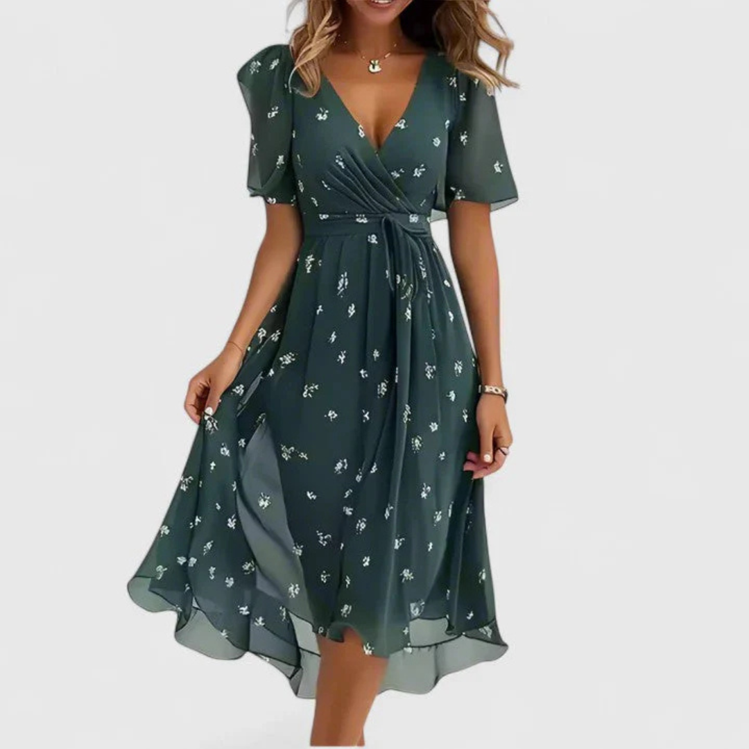 Damen Blumen Midi Sommerkleid für Hochzeitsgäste in Grün