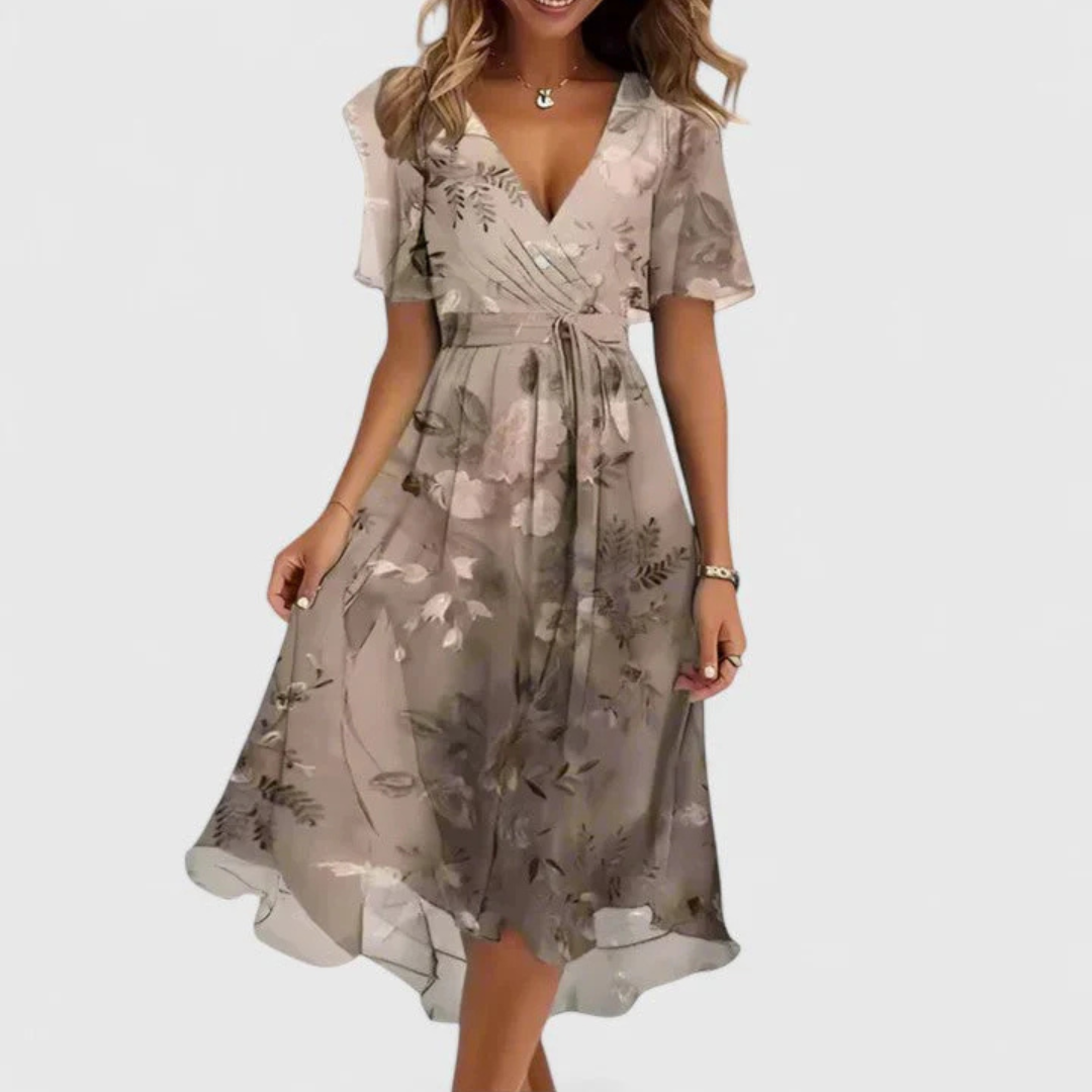 Damen Blumen Midi Sommerkleid für Hochzeitsgäste in Hellbraun