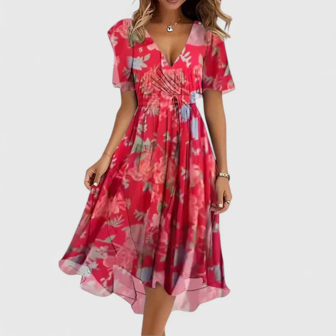 Damen Blumen Midi Sommerkleid für Hochzeitsgäste in Rot