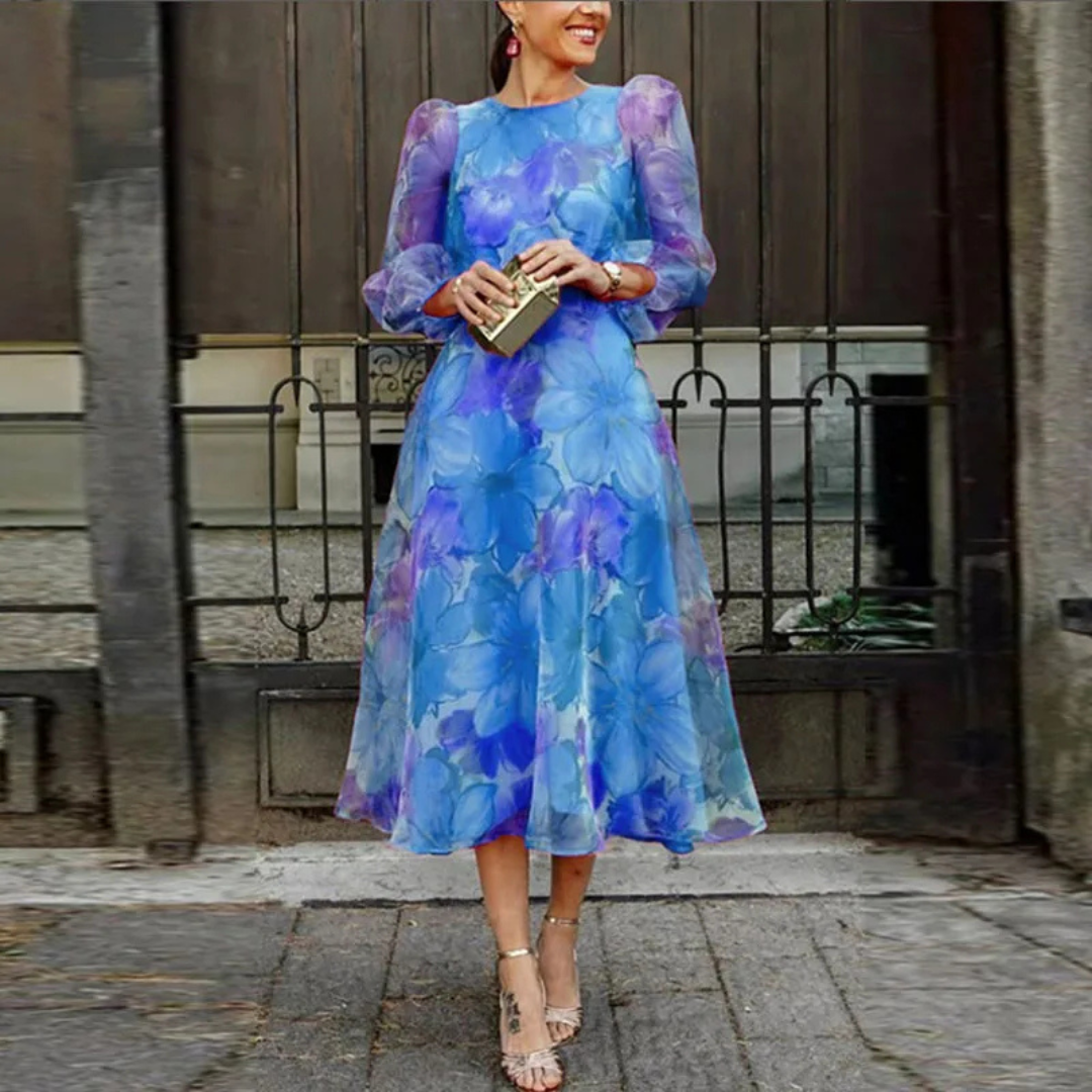 Damen Blumen Midikleid für Hochzeitsgäste im Sommer in Blau