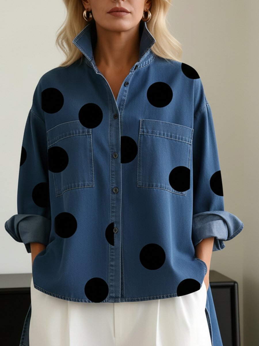Damen Bluse aus Denim mit Polkadot-Muster (3)